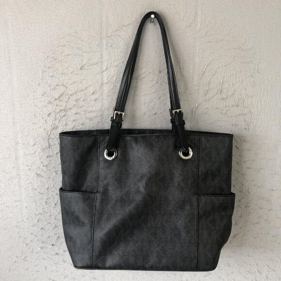 Michael Michael Kors Tote Bag Womens Black Signature Logo Shoulder Handbag MK - Picture 1 of 16
